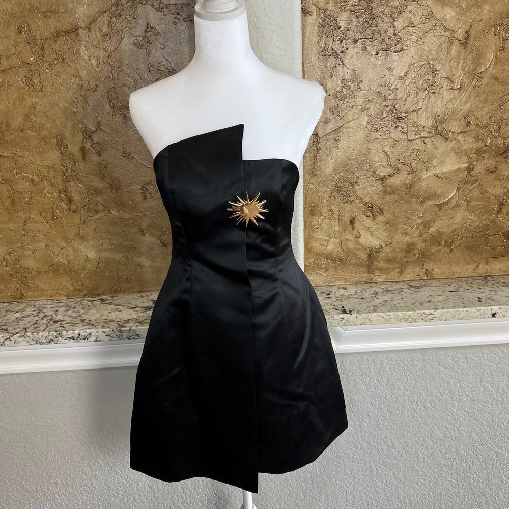 Commence Satin Asymmetrical Embellished‎ Strapless Dress Small Black Mini
